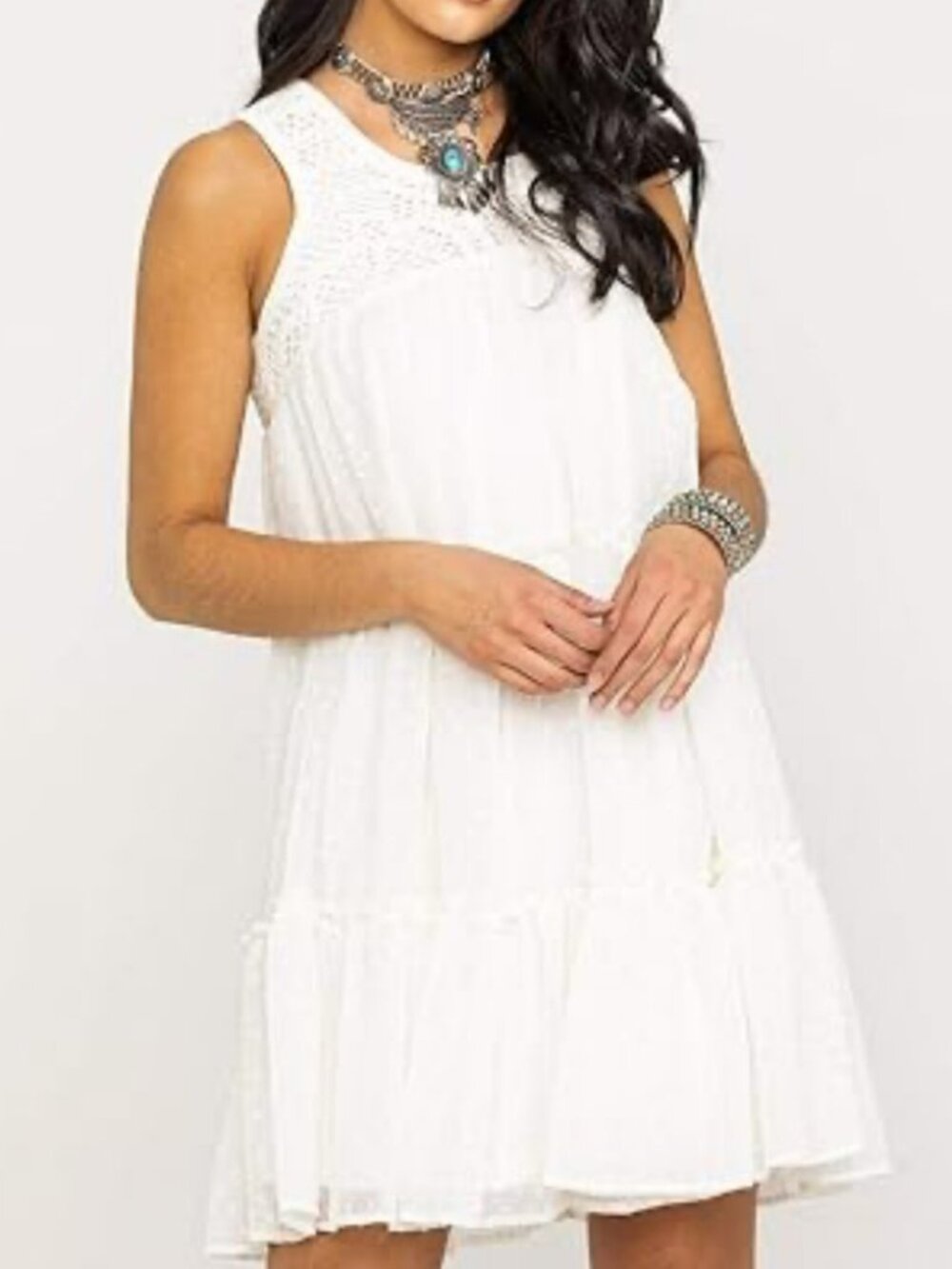 Wrangler Crochet Bodice Tiered Dress White/Ivory Babydoll Sleeveless Size XL